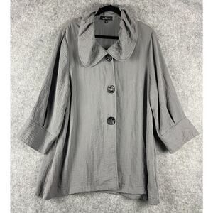Yushi Jacket Womens XL Gray Big Button Collared Lagenlook Artsy Art To Wear USA
